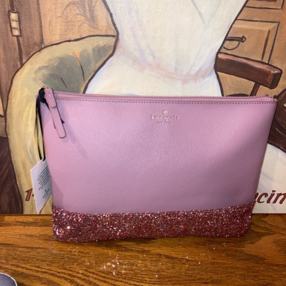 kate spade Greta Court Dusty Peony Pink Gia Glitter Pouch Clutch Bag-NWT!